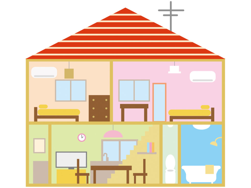 いろいろな部屋がある家の断面イラスト