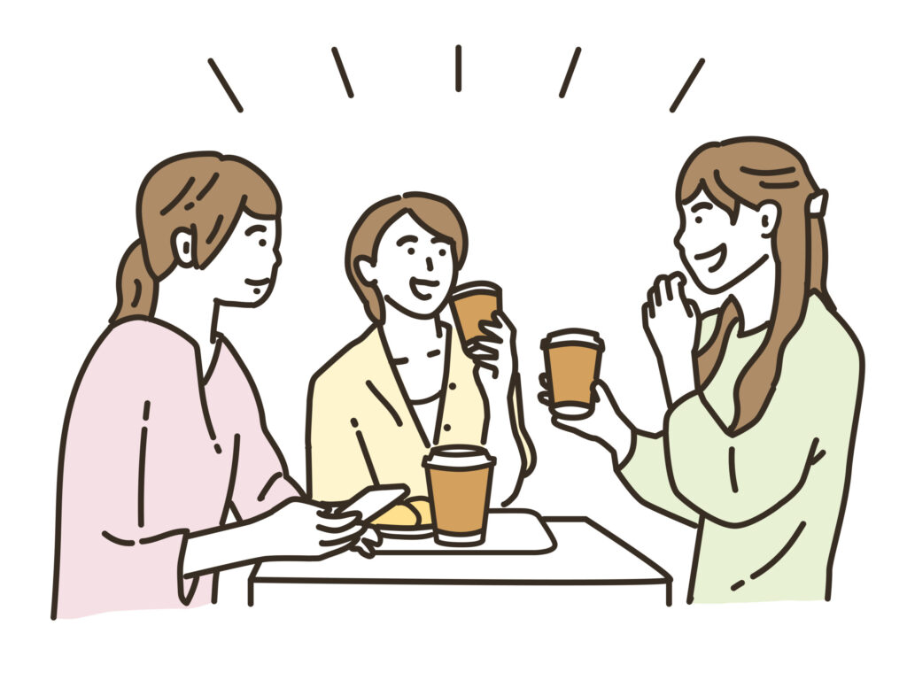 テーブルを囲んで話す女性たちのイラスト