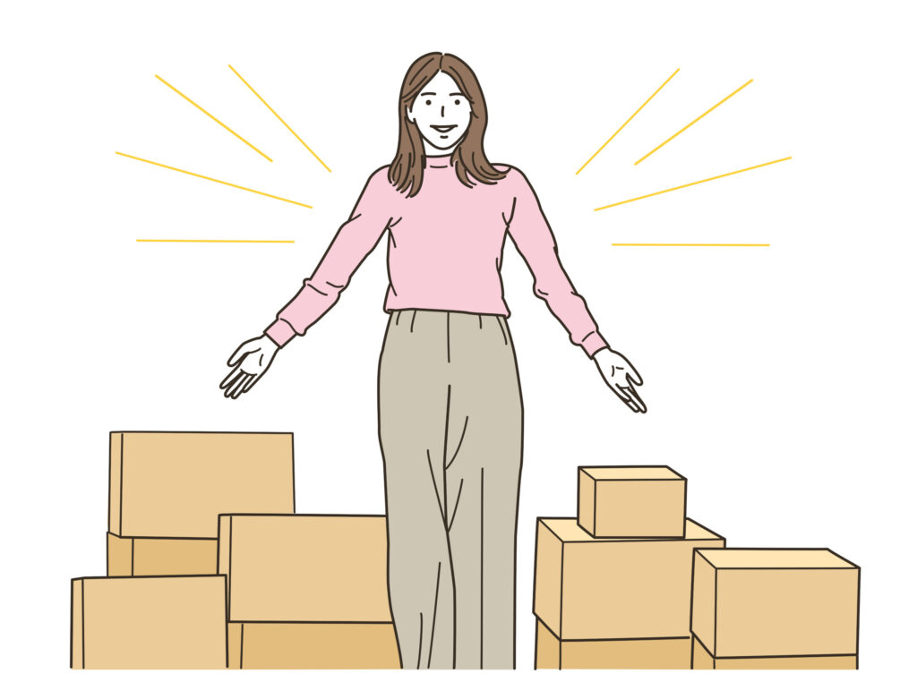 引っ越しの荷物と両手を広げる女性のイラスト