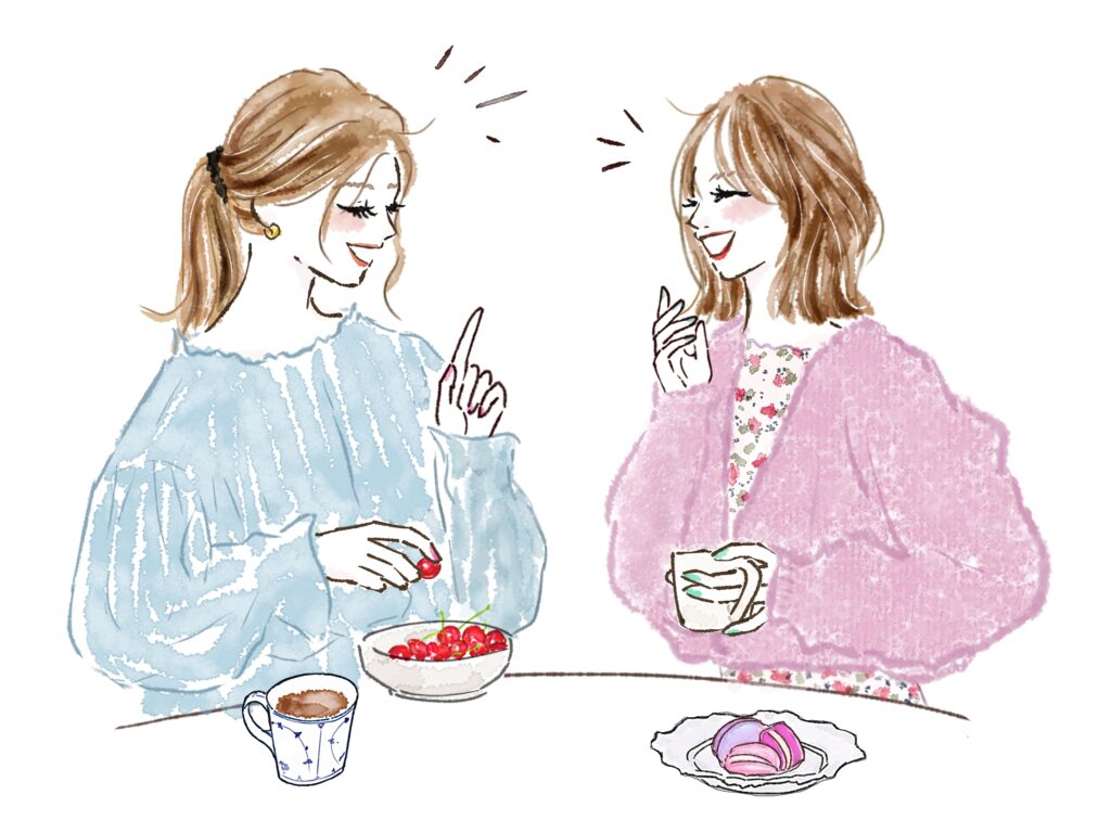 向かい合っておしゃべりをする女性二人のイラスト